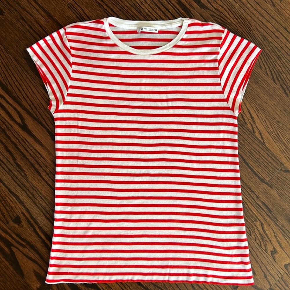 Zara Red and White Baby Doll Striped Short Sleeve Tee